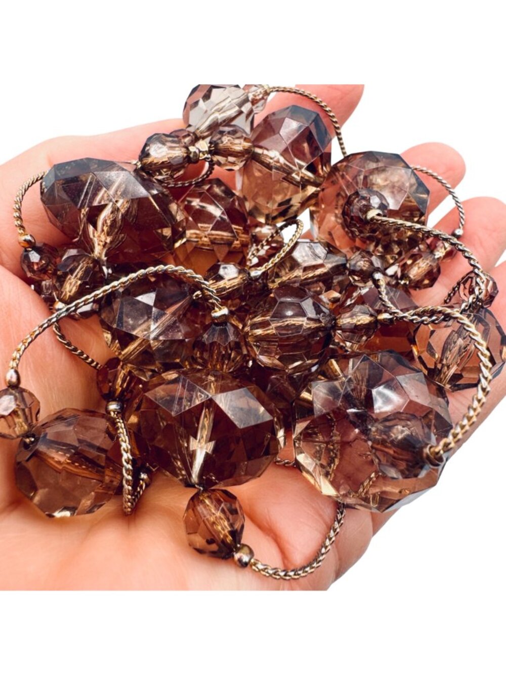 Vintage Smoky Topaz Glass Bead Station Necklace 54" 14k GP Opera Art Deco Luxury - Picture 3 of 10